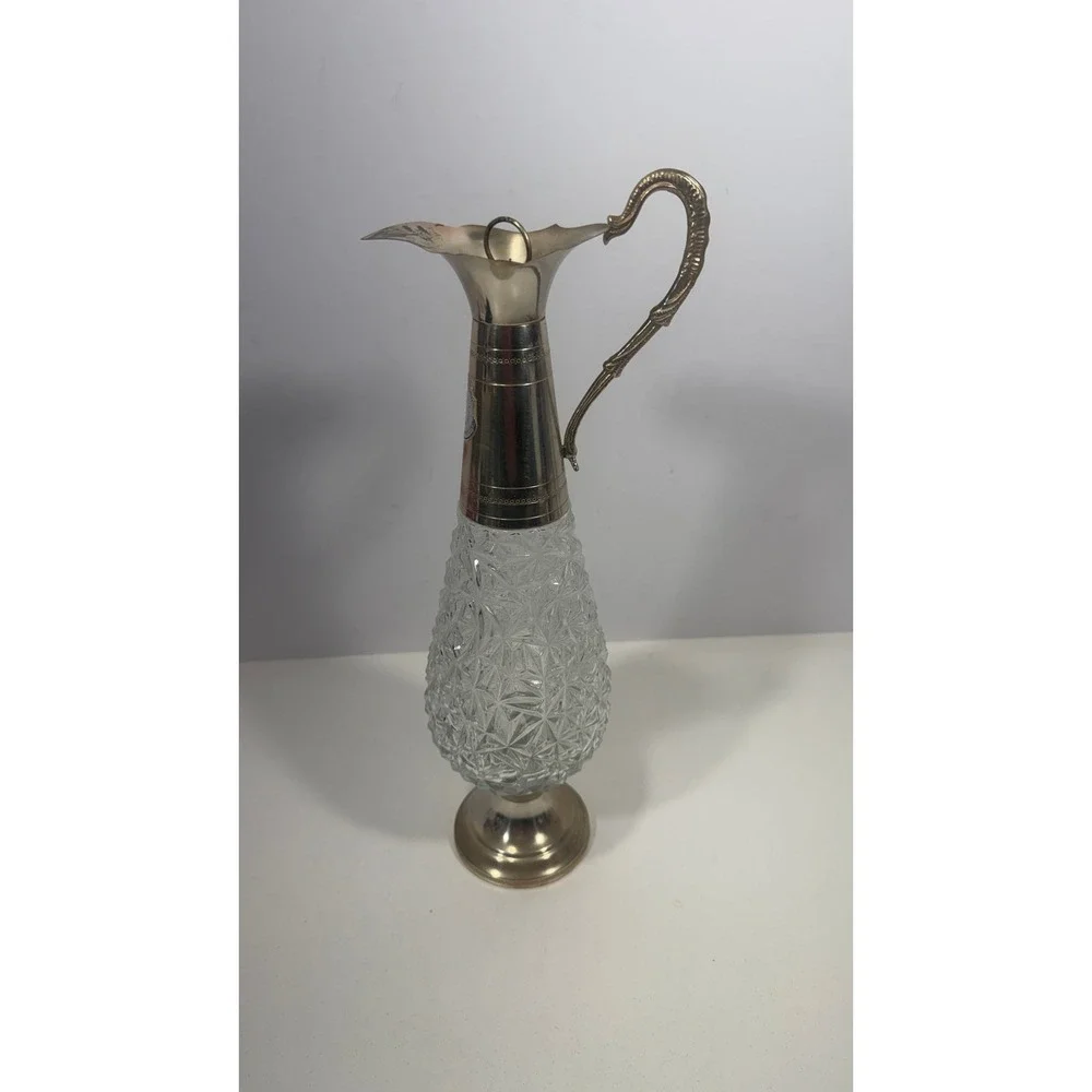 Vintage F. Lii Beccaro Cut Glass Crystal Decanter Silver Tone Pitcher Jug